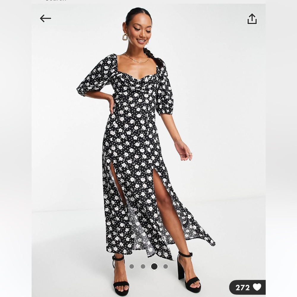 NWT ASOS floral puff sleeve runched bust midi split dress - Picture 1 of 4